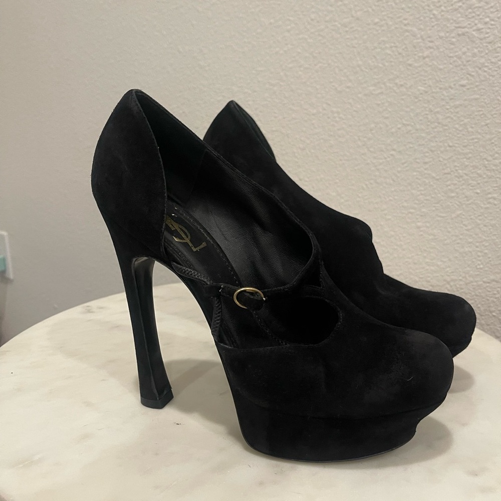 YSL Saint Laurent Black Suede Buckle Cut-Out Maryjane Platform Pumps - Picture 4 of 12
